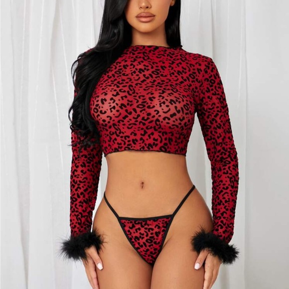 Sexy Long-sleeve Velvety Leopard Print 2-Piece Set - Picture 1 of 7